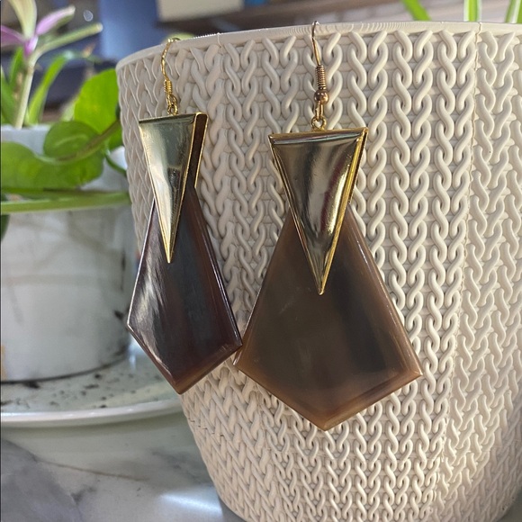 Gold Triangle Top Brown Geometric Drop Earrings - Women Jewelry 3 inch - Picture 5 of 6